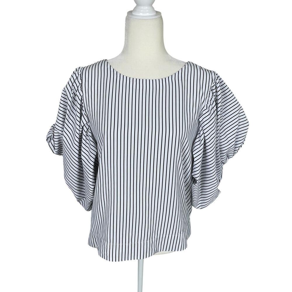 Maeve Cotton Blend Striped Puff Short Sleeve Top Black White M Effortlessly Chic